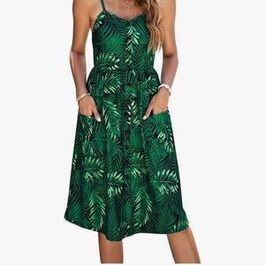 Green Leaf Print Midi Dress